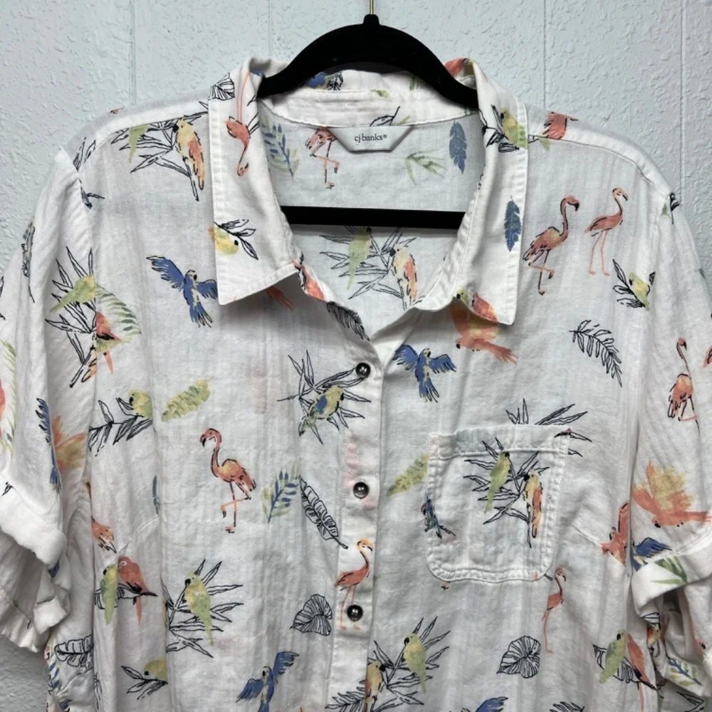 CJ Banks Bird Print Gauzy Button Shirt Womens 3X Novelty Beach Coastal Nautical - Picture 3 of 11